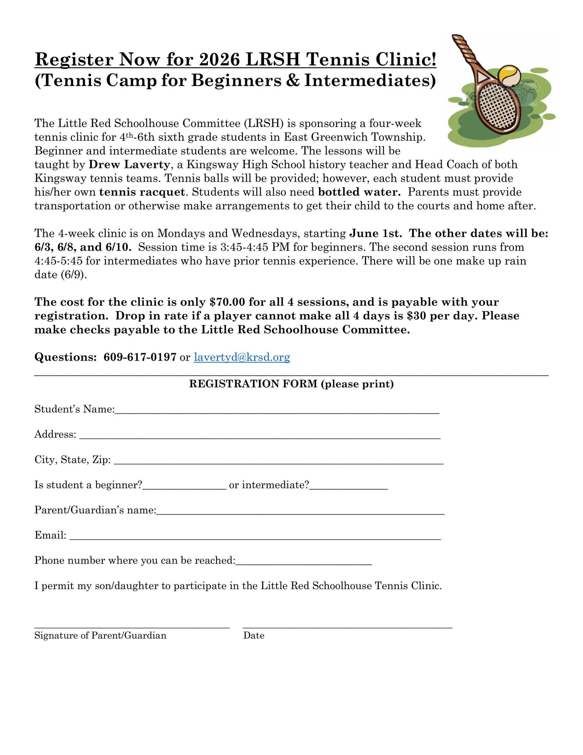 LRSH TENNIS Camp Flyer 2026